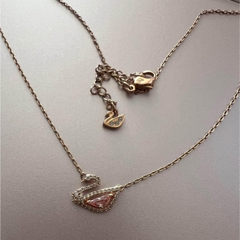 Swarovski Swan Gold Necklace with Pink and Silver Pendant